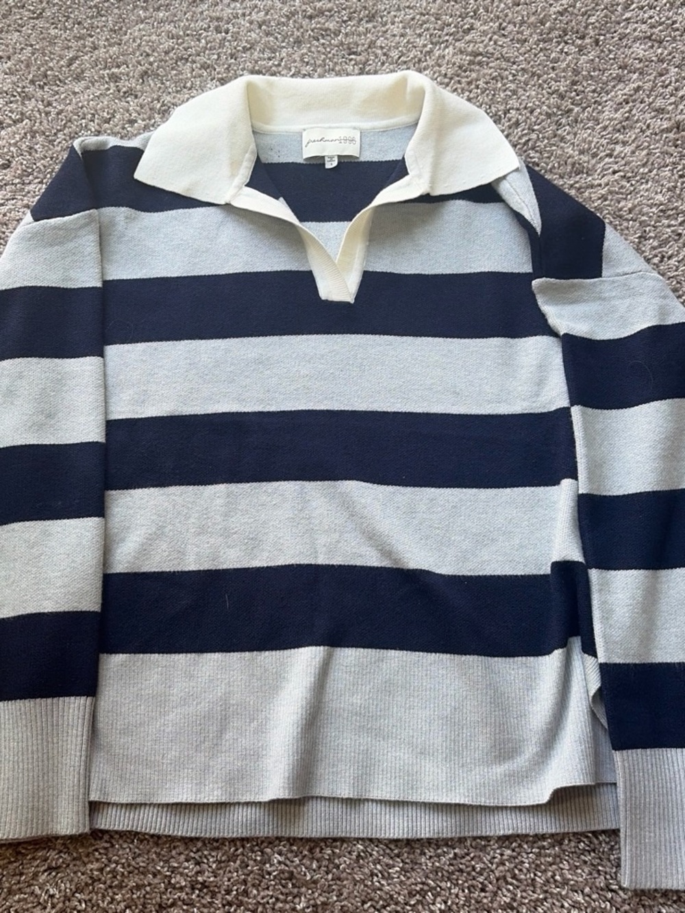Freshman Navy and Light Gray Striped V‑Neck Rugby Sweater